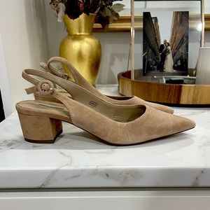 Tan Low Block Heel Suede Slingback